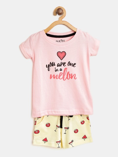 

Palm Tree Girls Pink & Yellow Printed T-shirt with Shorts