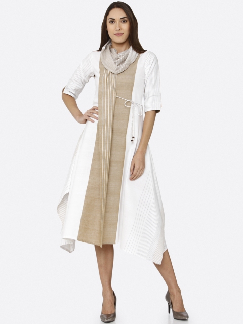 

RAISIN Women White & Beige Striped A-Line Dress