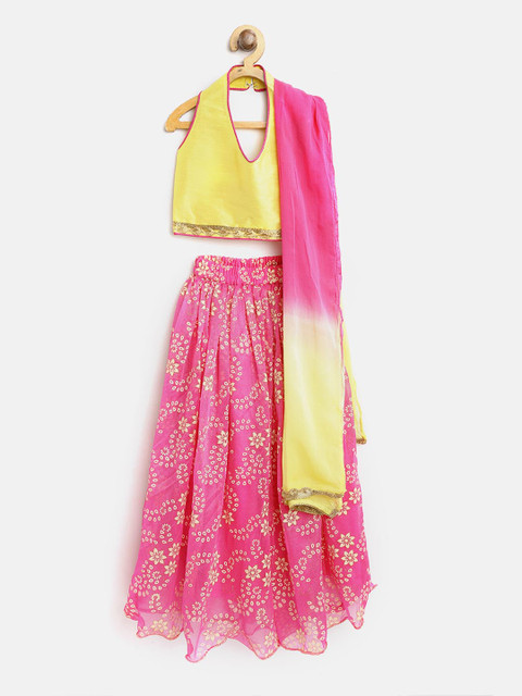 

BownBee Girls Pink & Yellow Solid Ready to Wear Lehenga & Blouse with Dupatta