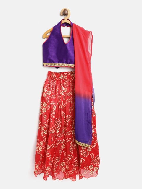 

BownBee Girls Red & Purple Solid Ready to Wear Lehenga & Blouse with Dupatta