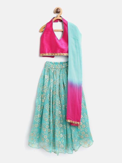 

BownBee Girls Blue & Pink Solid Ready to Wear Lehenga & Blouse with Dupatta