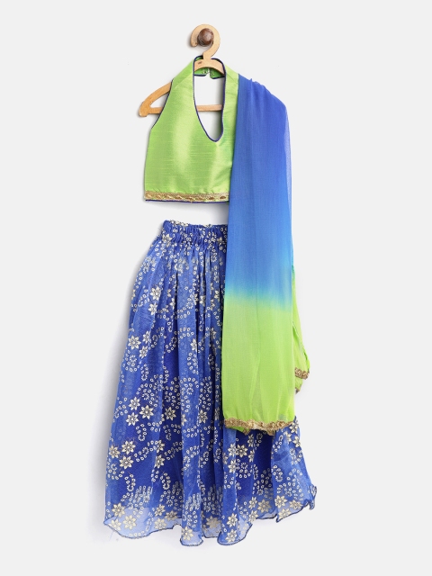 

BownBee Girls Blue & Green Solid Ready to Wear Lehenga & Blouse with Dupatta