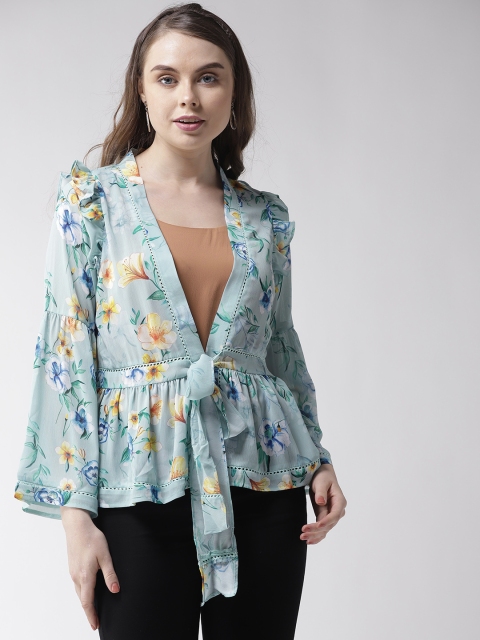 

Madame Sea Green & Yellow Printed Tie-Up Shrug