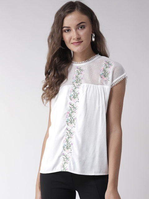 

Madame Women White Semi-Sheer Embroidered Detail Top