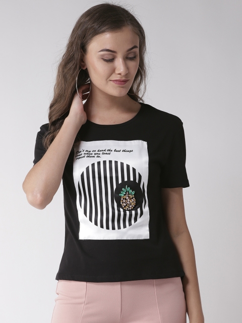 

Madame Women Black Printed Round Neck T-shirt