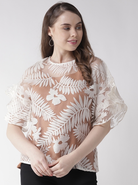 

Madame Women Beige & Brown Semi-Sheer Self Design Top, Off white