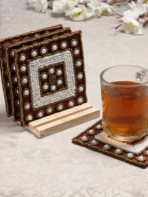 

Alina Decor Set of 4 Beads Work Coasters With Wooden Stand, Brown