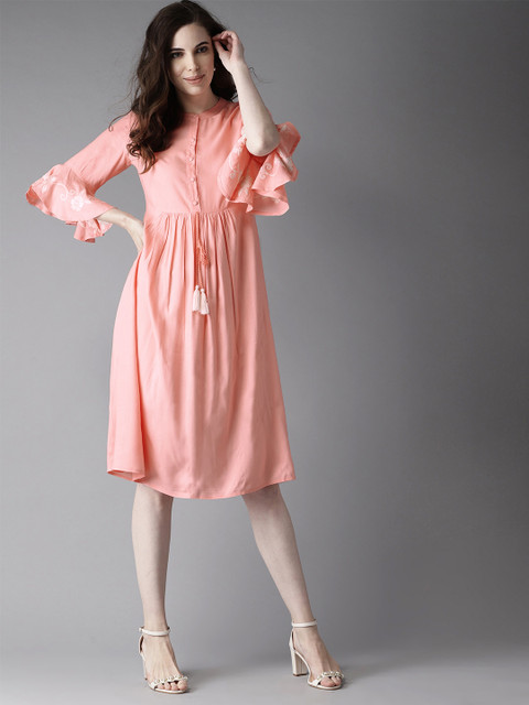 

HERE&NOW Women Peach-Coloured Solid A-Line Dress