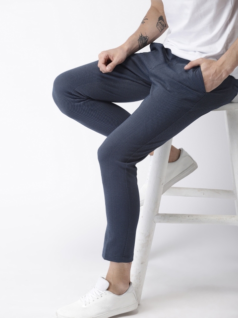 

Mast & Harbour Men Navy Blue & White Slim Knitted Striped Regular Trousers