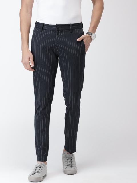 

Mast & Harbour Men Navy Blue & Grey Regular Fit Striped Regular Trousers