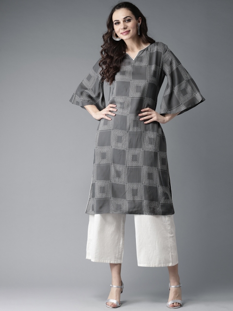 

Moda Rapido Women Grey & Off-White Checked Straight Kurta