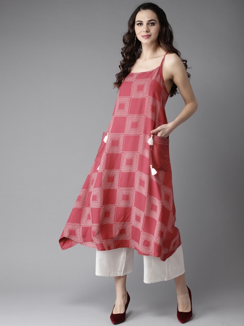 

Moda Rapido Women Rust Red & Off-White Checked A-Line Asymmetric Kurta