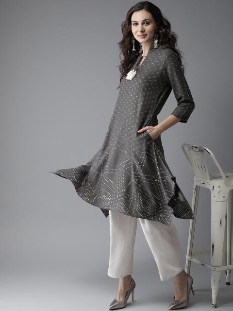 

Moda Rapido Women Charcoal Grey & Off-White Printed Asymmetric A-Line Kurta