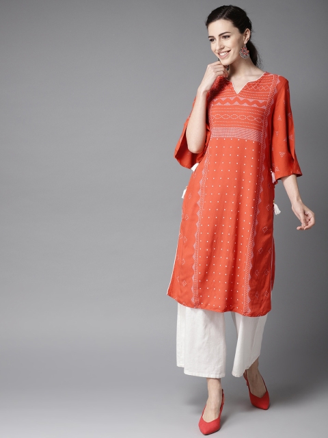 

Moda Rapido Women Orange & Off-White Printed Straight Kurta