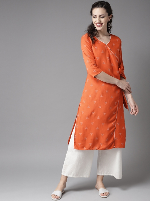 

Moda Rapido Women Orange & Off-White Printed Angrakha Straight Kurta