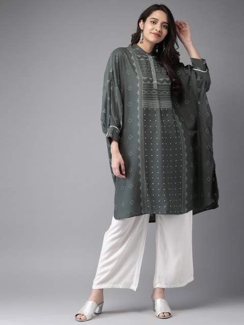 

Moda Rapido Women Grey & White Printed Boxy Straight Kurta, Blue