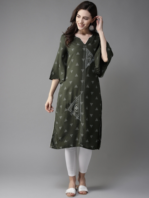 

Moda Rapido Women Olive Green Printed Straight Kurta