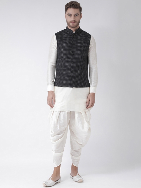 

DEYANN Men White & Black Printed Kurta with Dhoti Pants & Nehru Jacket