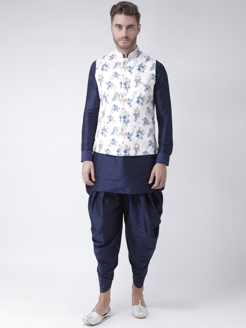 

DEYANN Men Navy Blue & White Printed Kurta with Dhoti Pants & Nehru Jacket