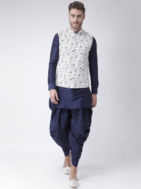 

DEYANN Men Navy Blue & White Printed Kurta with Dhoti Pants & Nehru Jacket