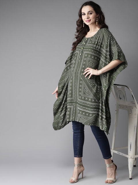 

Moda Rapido Women Green & Off-White Printed Asymmetric Kaftan Kurta
