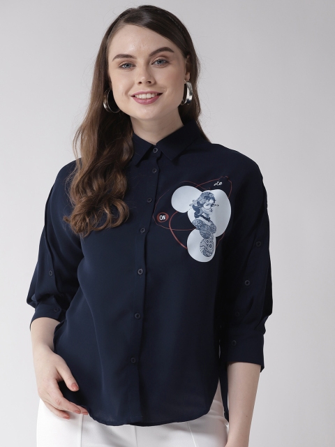 

Madame Women Navy Blue Regular Fit Solid Casual Shirt with Printed Detail