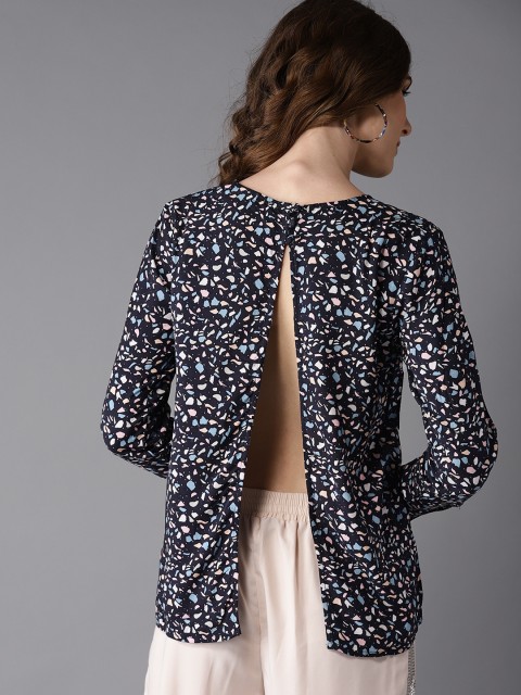 

Moda Rapido Women Navy Blue & Pink Printed Styled Back Top