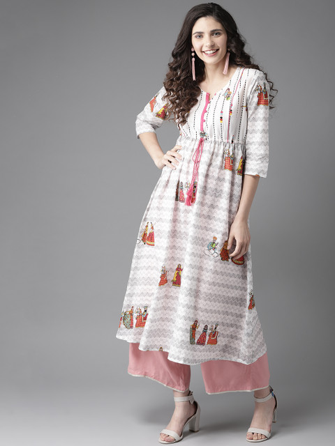 

HERE&NOW Women White & Grey Printed A-Line Kurta