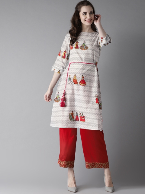 

HERE&NOW Women White & Grey Printed A-Line Kurta