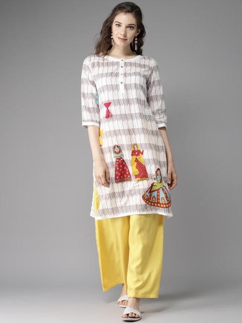 

HERE&NOW Women White & Brown Printed Straight Kurta