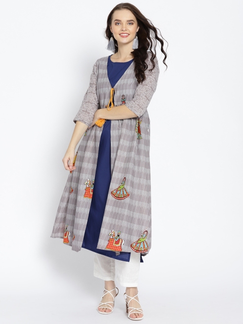 

HERE&NOW Women Grey & Navy Blue Printed Layered A-Line Kurta