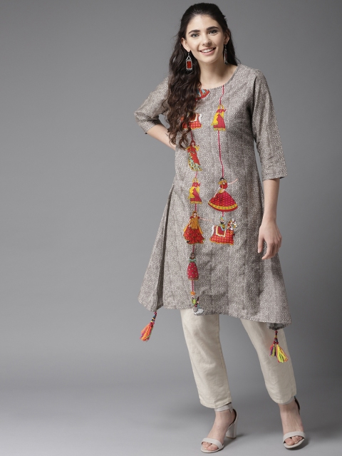 

HERE&NOW Women Grey & White Printed A-Line Kurta