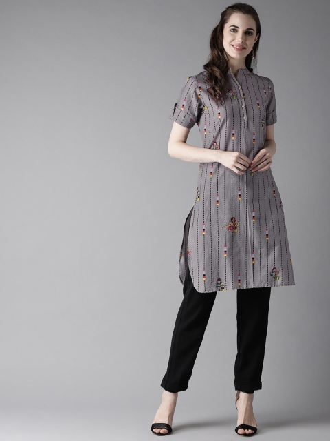 

HERE&NOW Women Grey & Black Striped Straight Kurta