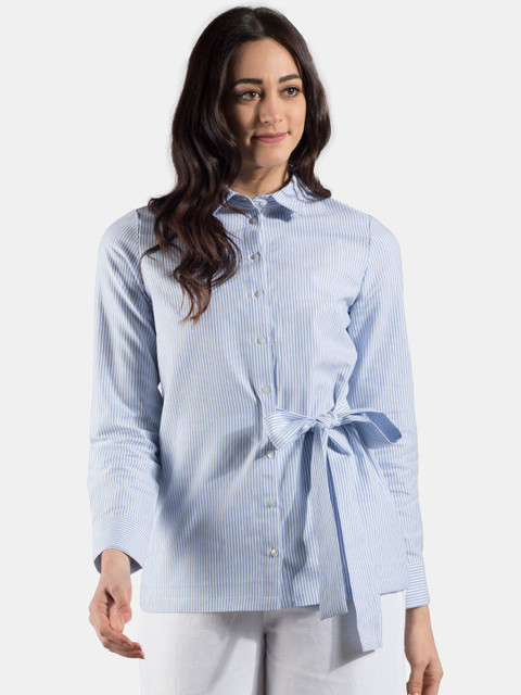 

FableStreet Women Blue & White Slim Fit Striped Casual Shirt