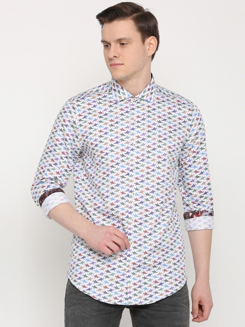 

SIMON CARTER LONDON Men White & Blue Slim Fit Printed Casual Shirt