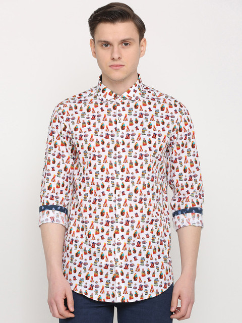 

SIMON CARTER LONDON Men White & Orange Slim Fit Printed Casual Shirt