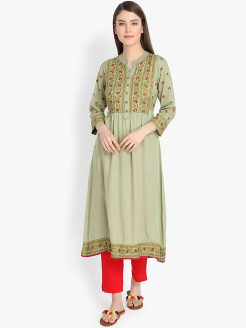 

Prakhya Women Green Printed A-Line Kurta