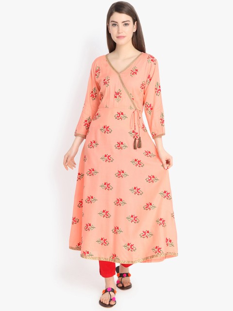 

Prakhya Women Peach-Coloured Floral Printed A-Line Kurta