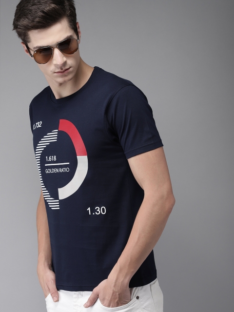 

Moda Rapido Men Navy Blue Printed Round Neck Pure Cotton T-shirt