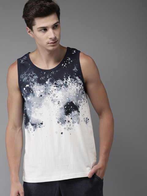

Moda Rapido Men White & Navy Blue Printed Round Neck Sleeveless T-shirt