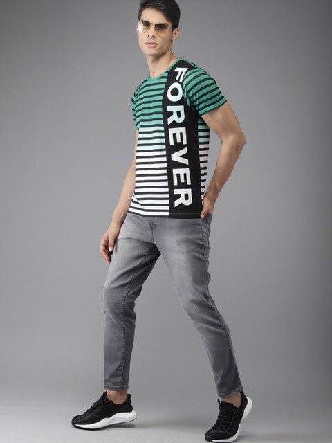 

Moda Rapido Men Black Green Striped Round Neck Pure Cotton T-shirt