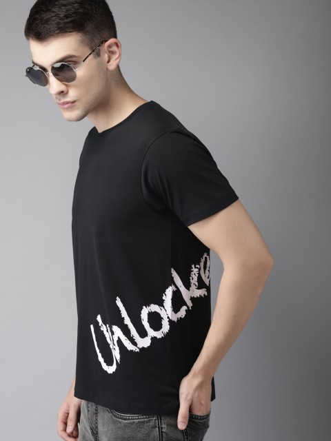

Moda Rapido Men Black White Printed Round Neck Pure Cotton T-shirt