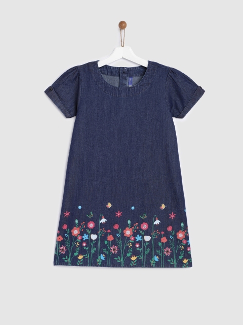 

YK Girls Blue Printed A-Line Denim Dress
