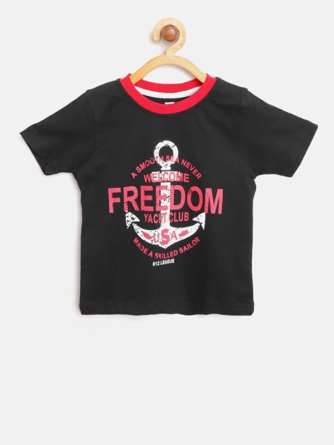 

612 league Boys Black Printed Round Neck T-shirt