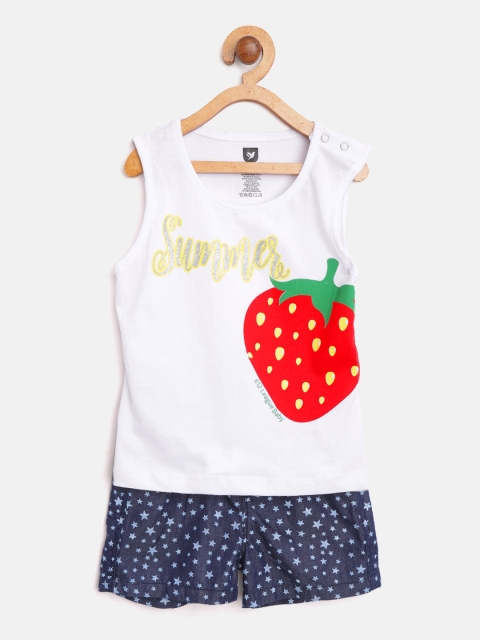 

612 league Girls White & Navy Printed Top with Shorts
