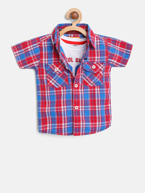 

612 league Boys Blue & Red Checked Casual Shirt with T-shirt