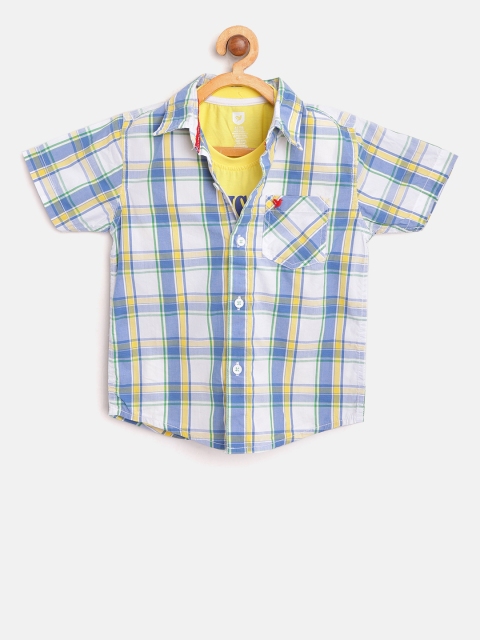 

612 league Boys White & Blue Checked Casual Shirt with T-shirt