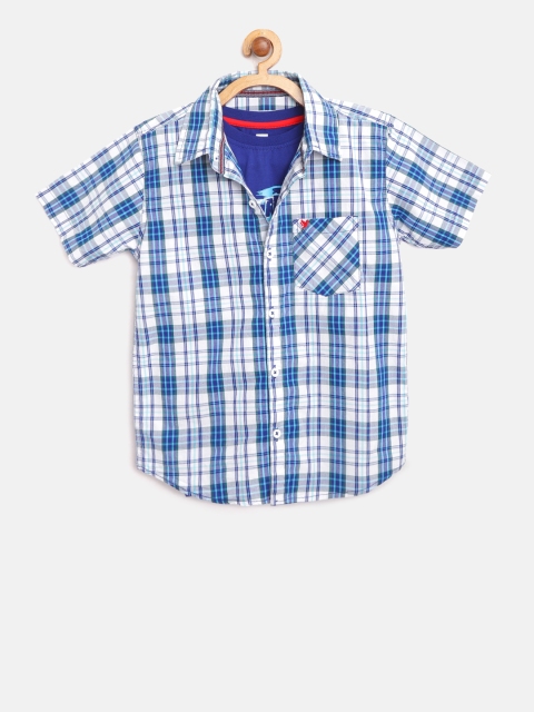

612 league Boys White & Blue Checked Casual Shirt with T-shirt