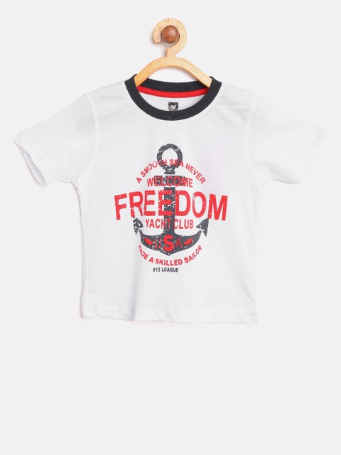 

612 league Boys White Printed Round Neck T-shirt