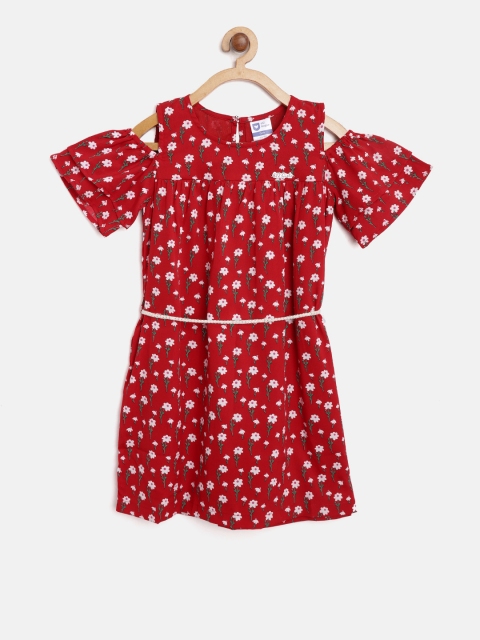 

612 league Girls Red & Off-White Floral Print A-Line Dress